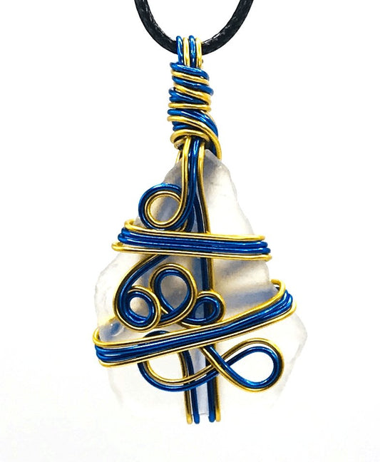 Sea Glass Clear Sky Blue and Gold Medium 1 1/2-2 inch Pendant - Sunshine & Goldie