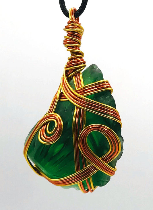 Sea Glass Emerald Green Orange and Gold Large 2-2 1/2 inch Pendant - Sunshine & Goldie