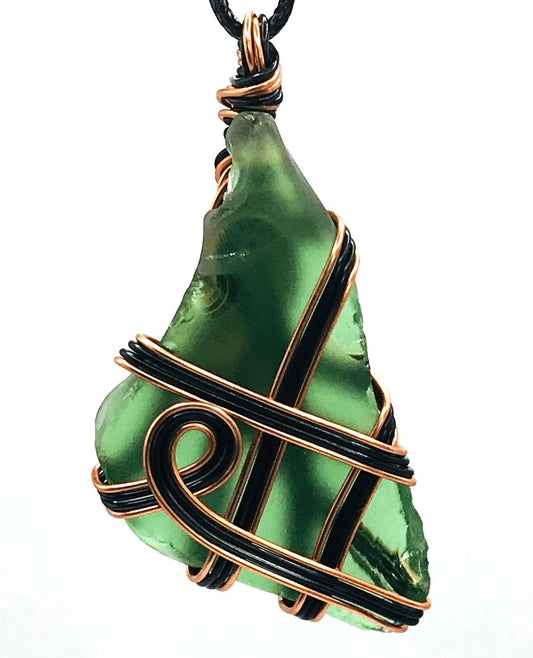 Sea Glass Green Black and Copper Large 2-2 1/2 inch Pendant - Sunshine & Goldie
