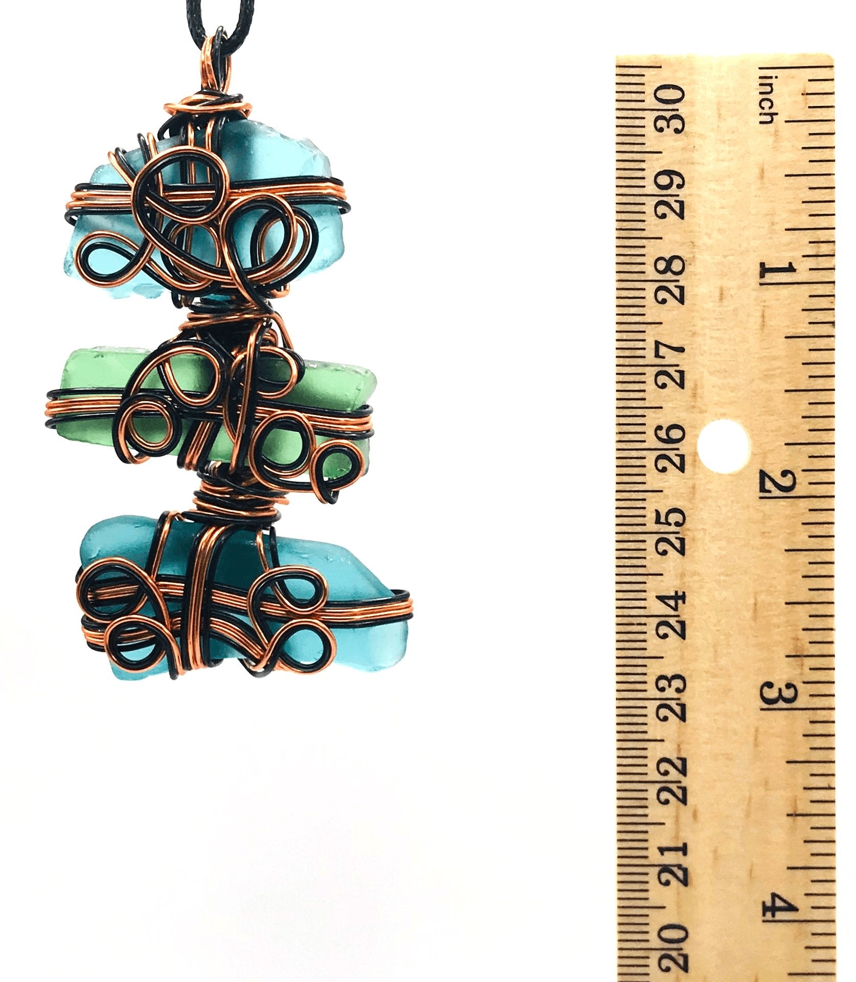 Sea Glass Multiwrap 3 Aqua Blue and Green Copper and Black Extra Large 2 1/2 + inch Pendant - Sunshine & Goldie