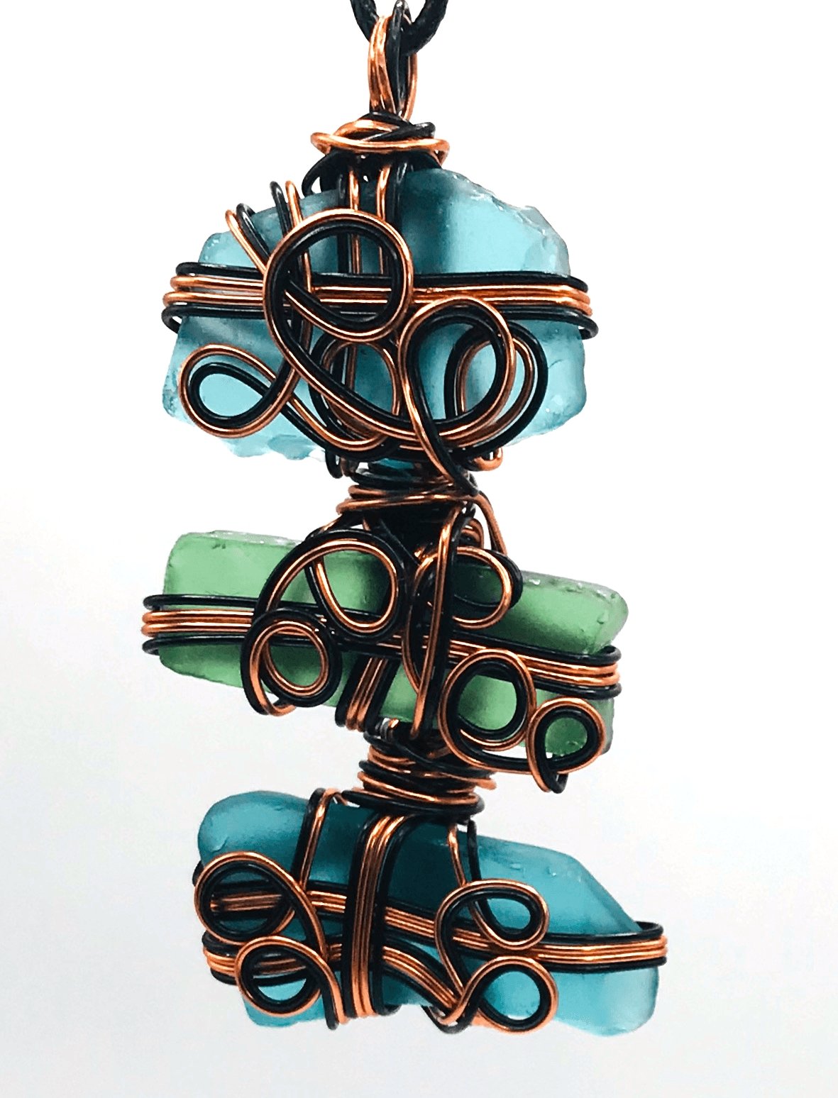 Sea Glass Multiwrap 3 Aqua Blue and Green Copper and Black Extra Large 2 1/2 + inch Pendant - Sunshine & Goldie