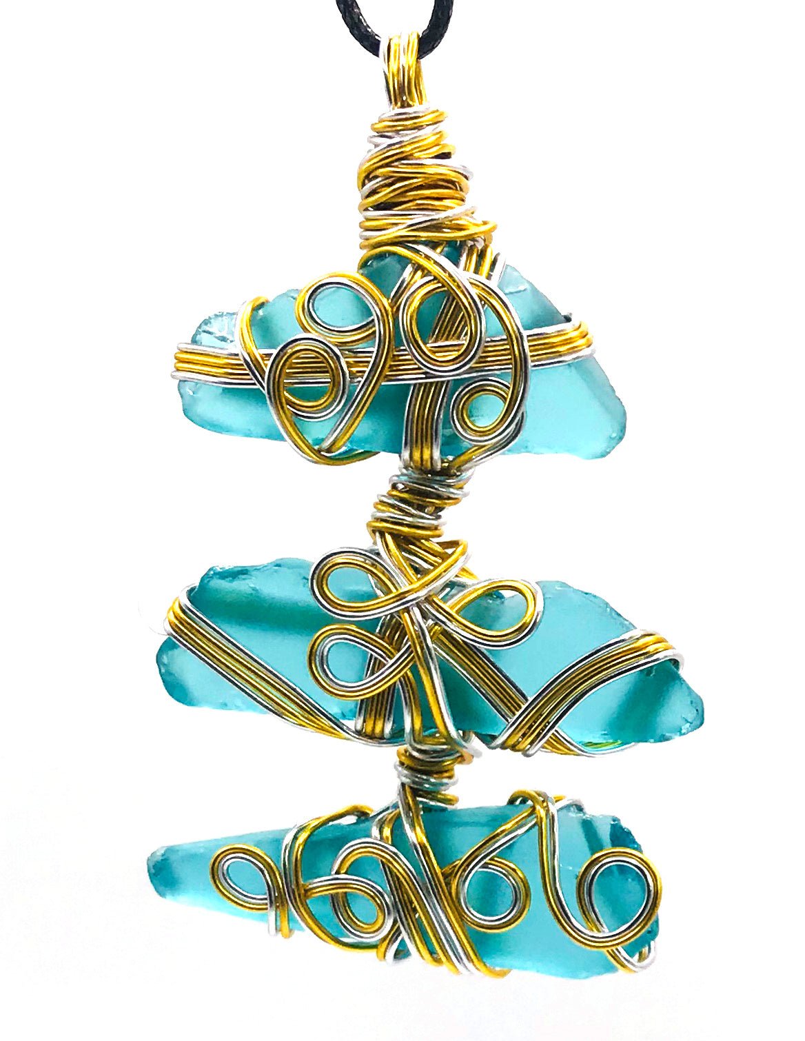 Sea Glass Multiwrap 3 Aqua Blue Gold and Silver Extra Large 2 1/2 + inch Pendant - Sunshine & Goldie