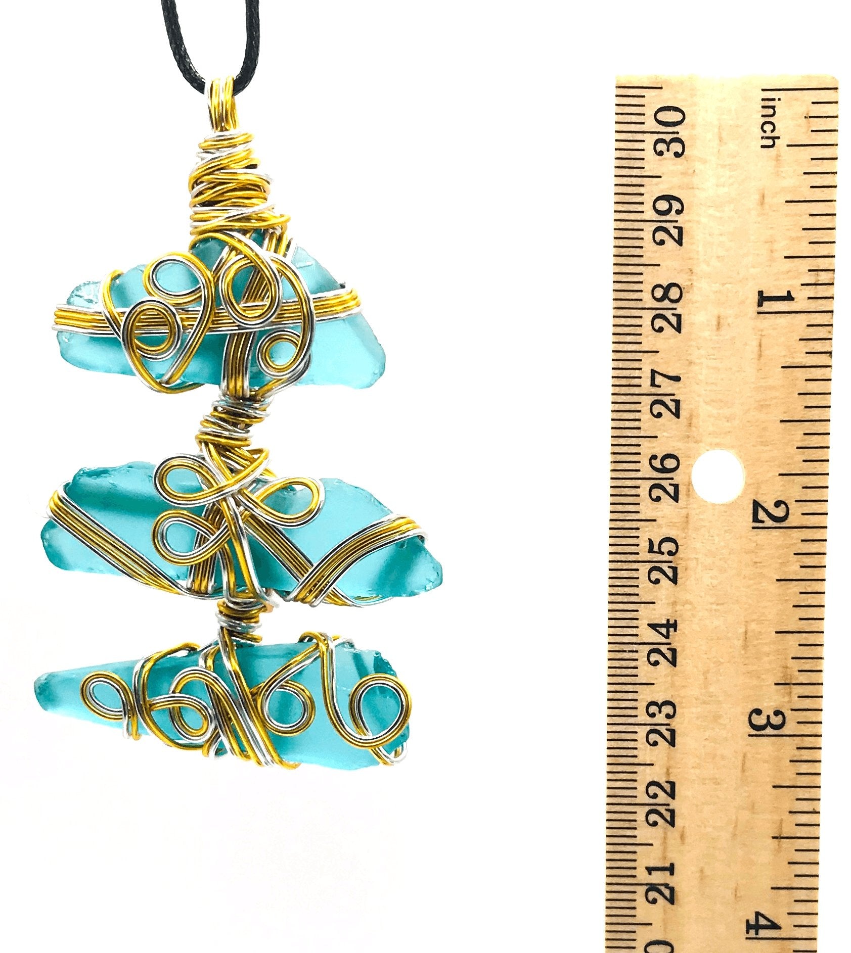 Sea Glass Multiwrap 3 Aqua Blue Gold and Silver Extra Large 2 1/2 + inch Pendant - Sunshine & Goldie