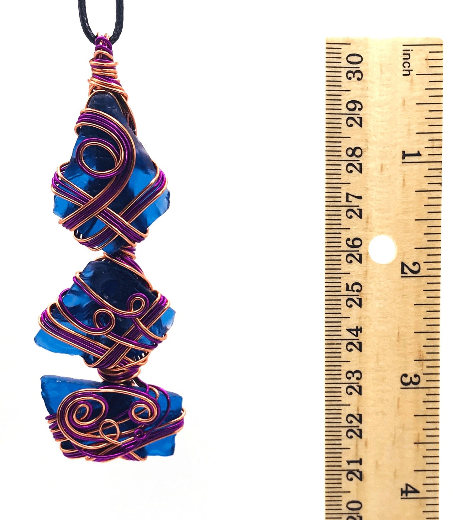 Sea Glass Multiwrap 3 Blue Purple and Copper Extra Large 2 1/2 + inch Pendant - Sunshine & Goldie
